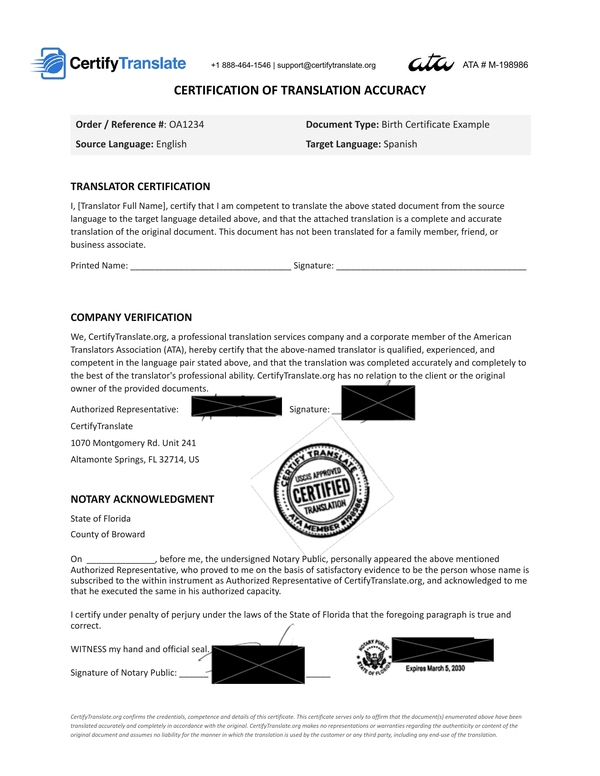 Sample Certificate of Translation Accuracy