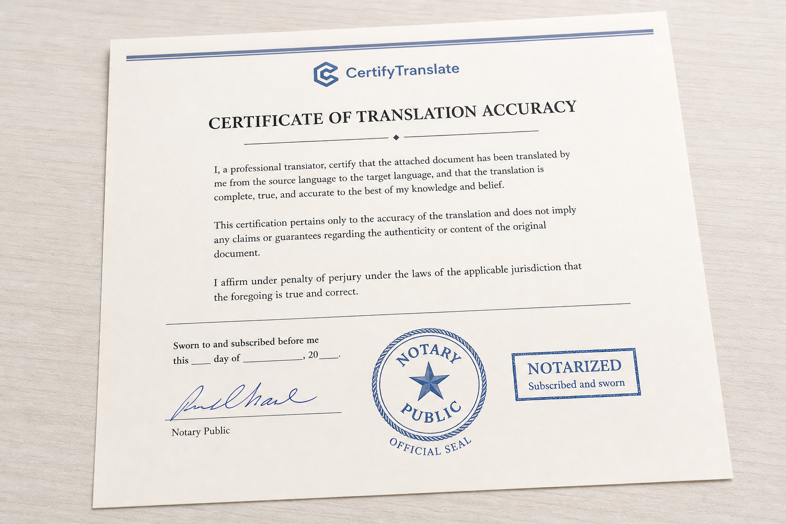 Sample notarized Certificate of Accuracy